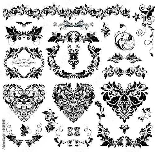 Floral design with heart shapes (black and white)