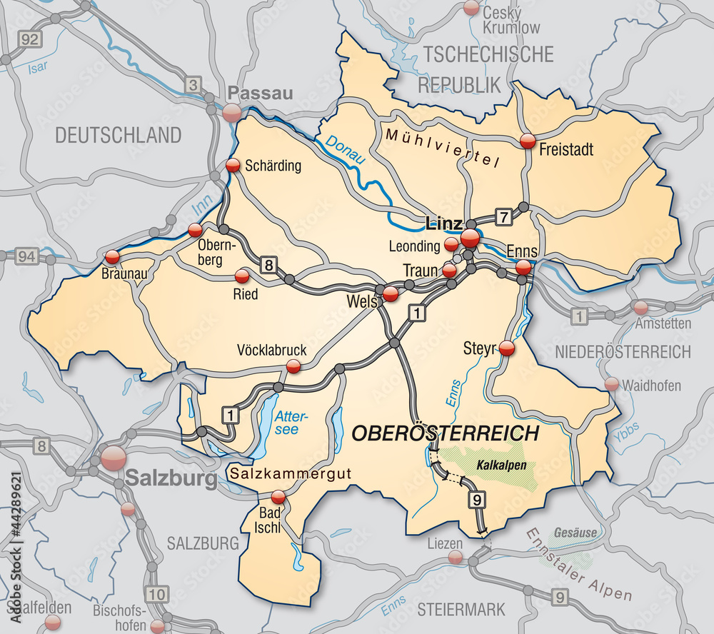 Verkehrskarte des Kantons Oberösterreich mit Umgebung