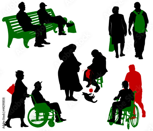 Silhouette of old and disabled people.