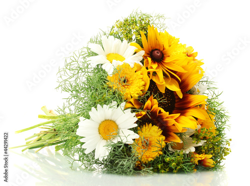 beautiful bouquet of bright wildflowers, isolated on white.