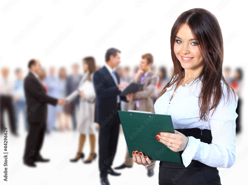 business woman leading her team isolated over a white background business woman leading her team isolated over a white background