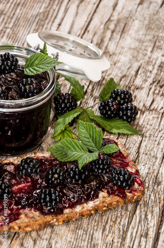 Wooden Table with Blackberry Jam