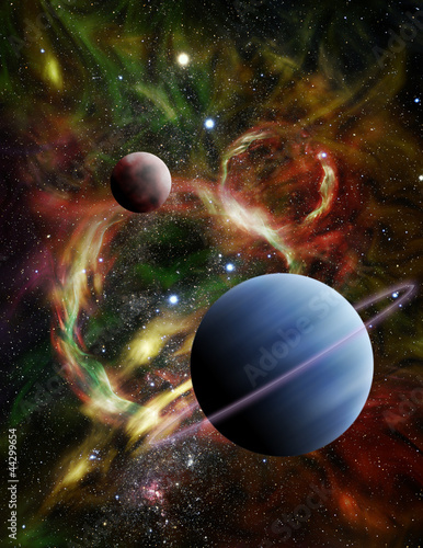 Illustration of Two Alien Planets in Space #44299654