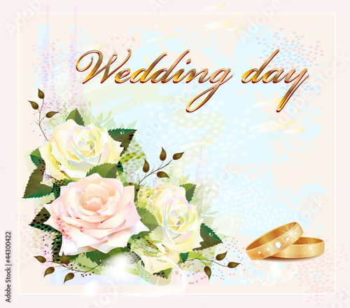 wedding card  with  rings and roses