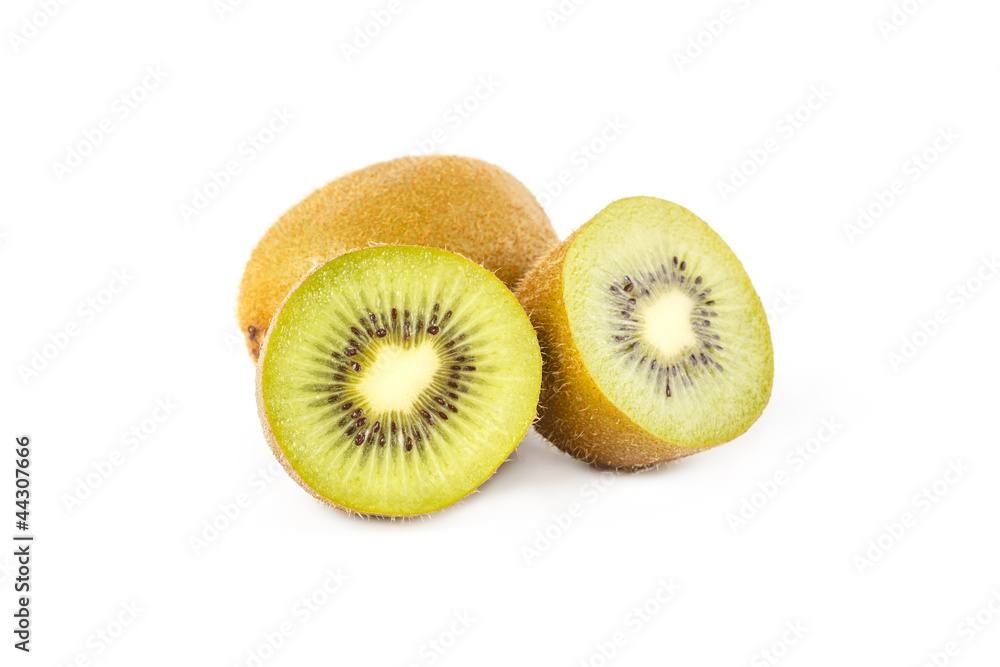 Ripe kiwi fruits with half on white background Ripe kiwi fruits with half on white background