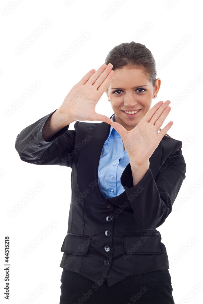 Young business woman making frame with hands Young business woman making frame with hands