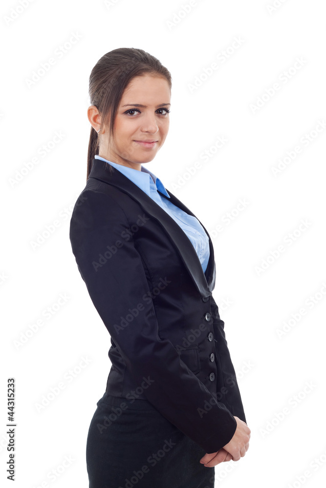 young business woman standing and holding her hands together young business woman standing and holding her hands together