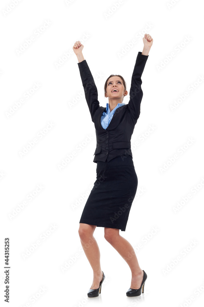 business woman cheering with her arms raised business woman cheering with her arms raised