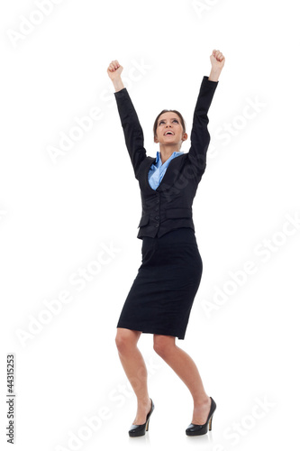 business woman cheering with her arms raised