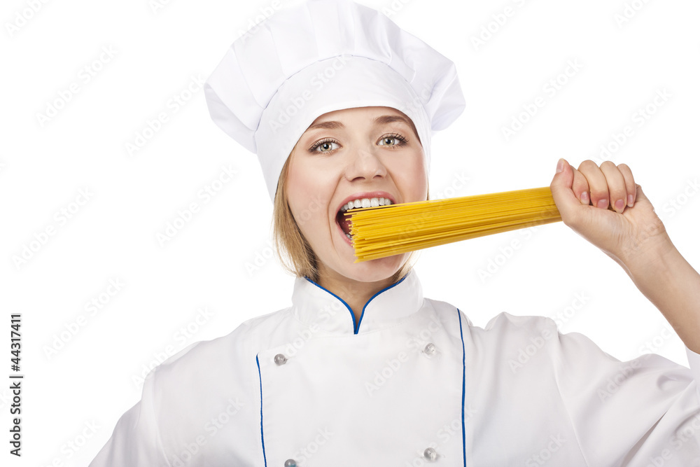 Cook with spaghetti in his hands on white background Cook with spaghetti in his hands on white background