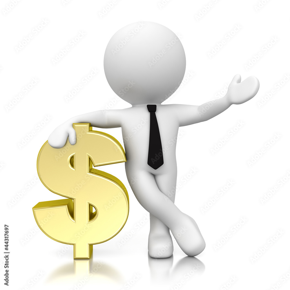 3d human with golden dollar isolated on mirror floor 3d human with golden dollar isolated on mirror floor