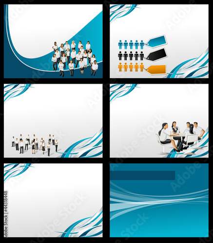 Blue template for advertising brochure with business people