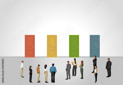 Group of business people choosing the right door