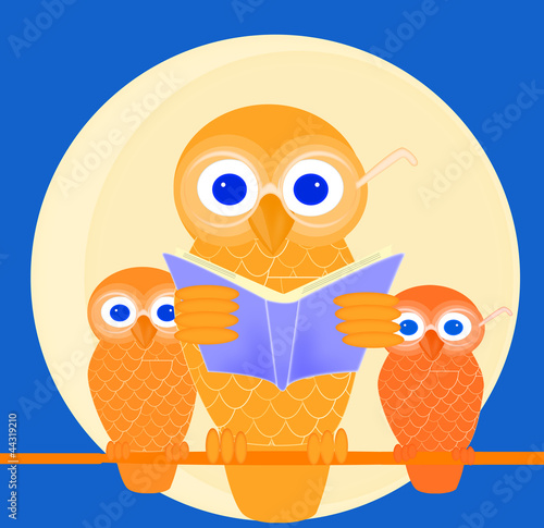 Wise mother owl reading a book to her children
