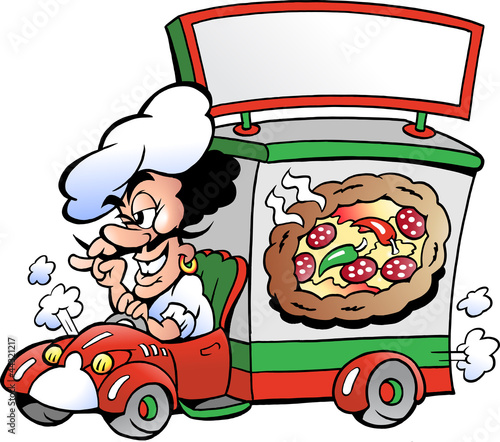 Hand-drawn Vector illustration of an Italien pizza dilevery car