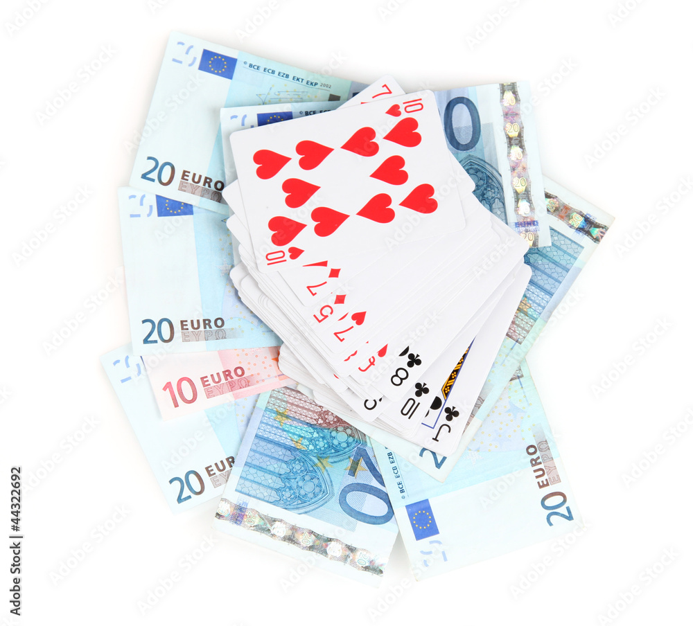 Euro and a deck of playing cards isolated on white Euro and a deck of playing cards isolated on white