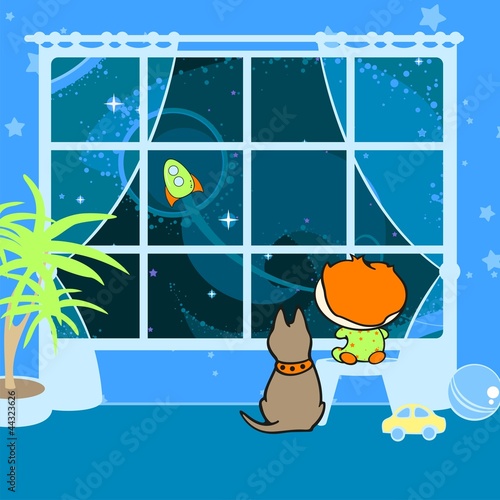 A boy and a dog dreaming about space
