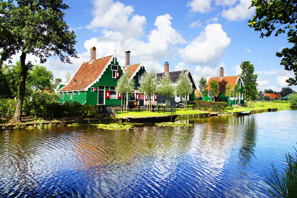 Picturesque rural landscape with typical Dutch houses.