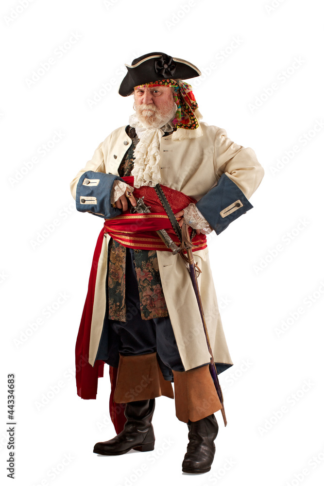 Obraz premium Pirat obronny stojący z bronią gotową