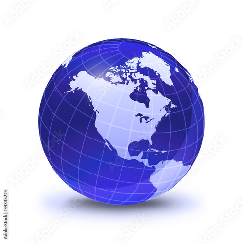 Earth globe stylized, in blue color, shiny and with white glowin