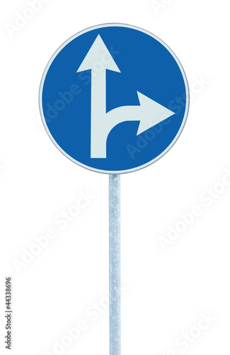 Mandatory straight or right turn ahead, traffic lane route