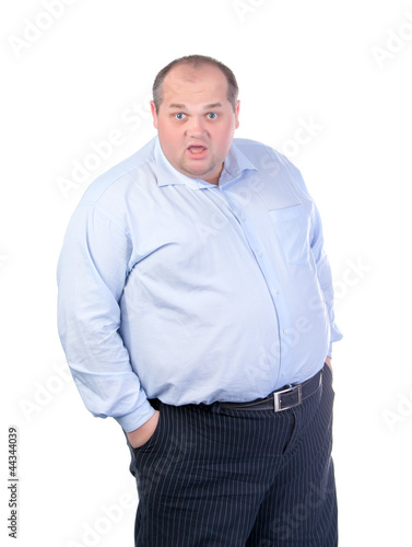 Fat Man in a Blue Shirt, Contorts Antics, isolated © Discovod