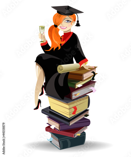 Red haired graduated girl with diploma sitting on books pile.