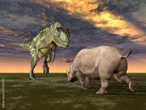 Dinosaurier Yangchuanosaurus mit Rhinozeros © Michael Rosskothen
