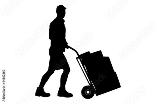 Silhouette of a delivery man pushing a cart with boxes
