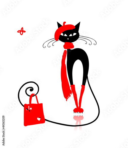 Black cat in fashion clothes with shopping bag for your design