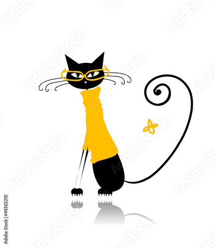 Black cat in yellow sweater and glasses for your design