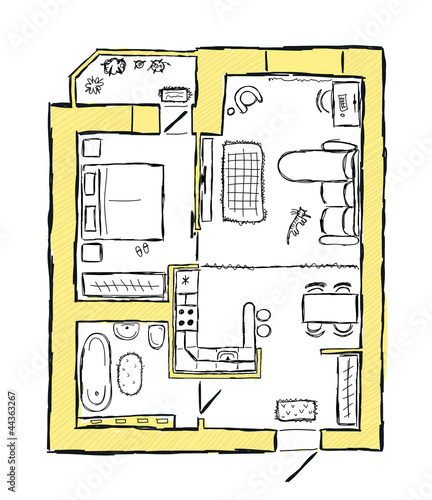 Sketch of design interior apartment, hand drawn vector illustration