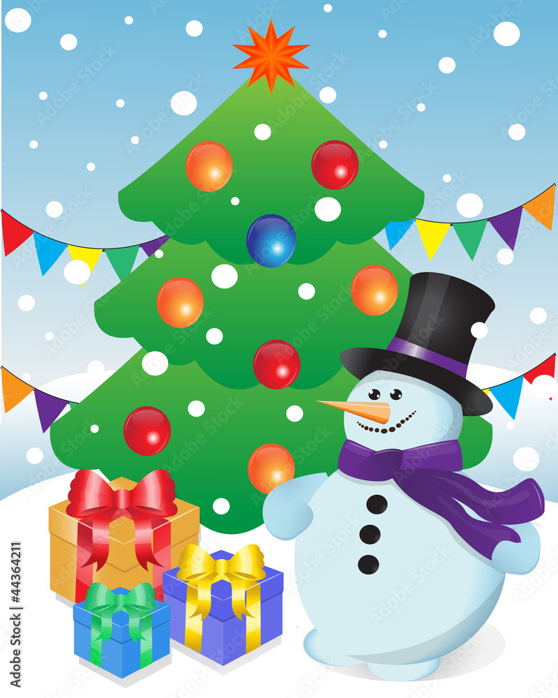 snowman and gifts at Christmas tree snowman and gifts at Christmas tree