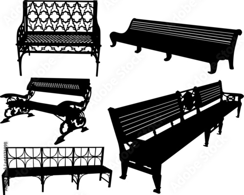 five isolated benches set