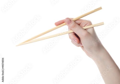 Hand holds the chopsticks, isolated