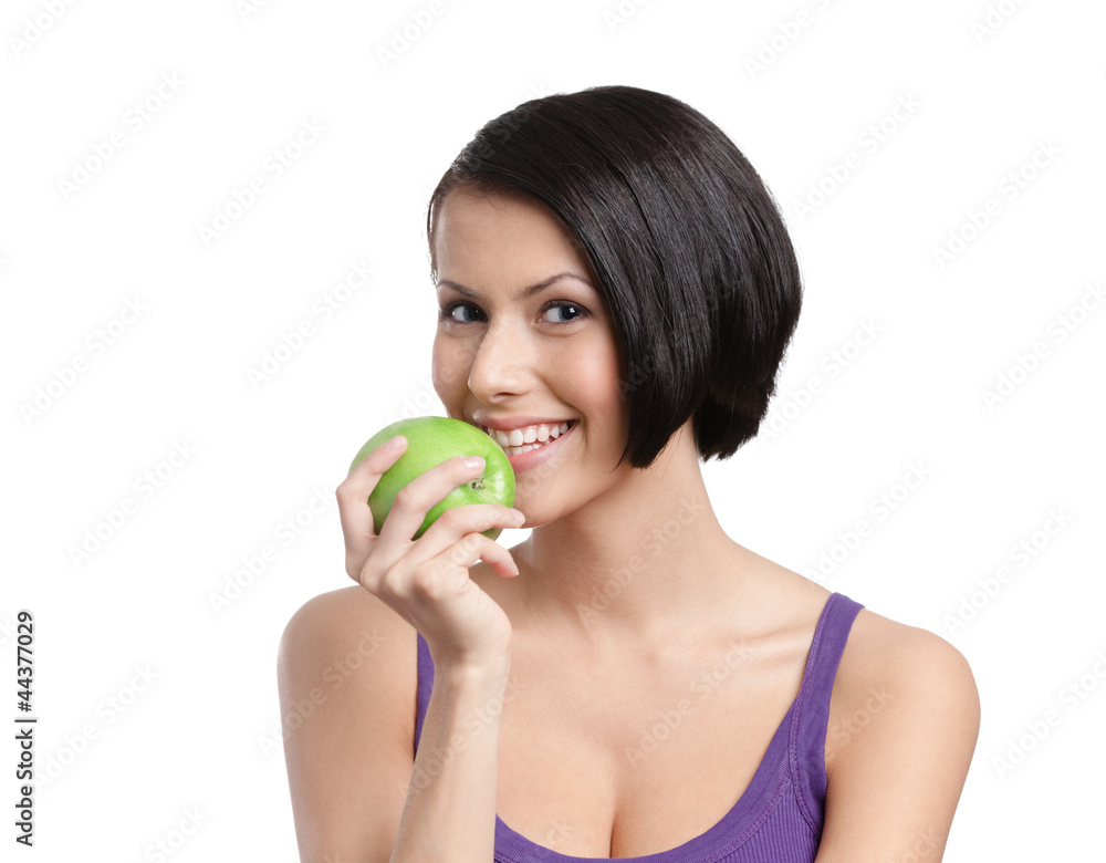 Young lady with green apple, isolated, white background Young lady with green apple, isolated, white background
