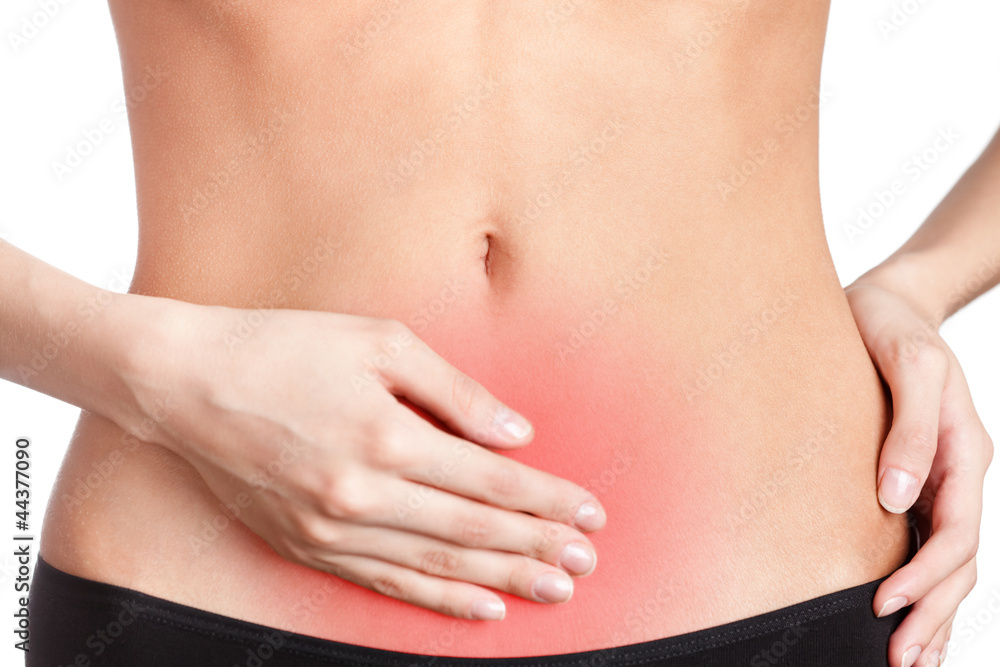 Stomachache,  touching with one hand, isolated, white background