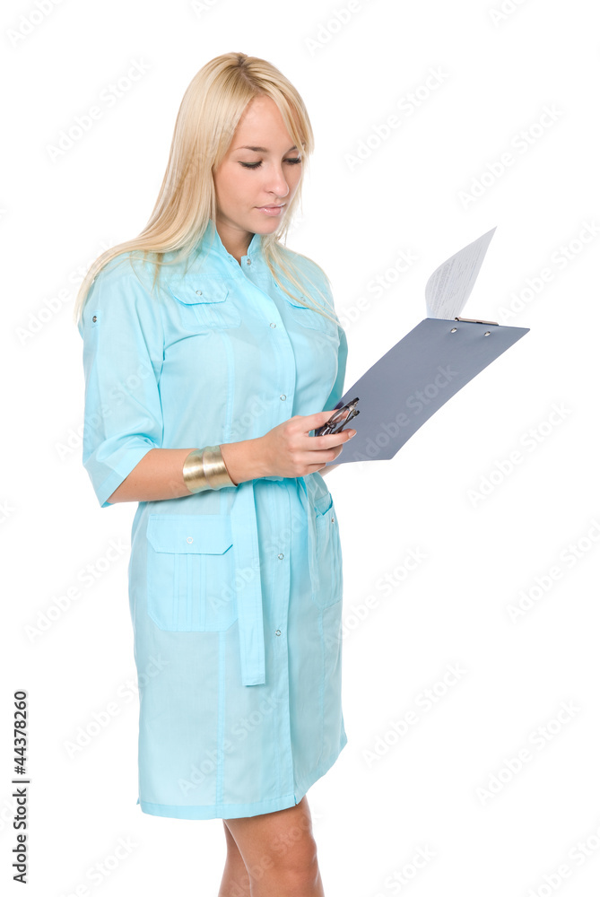 A female doctor with a folder, standing A female doctor with a folder, standing