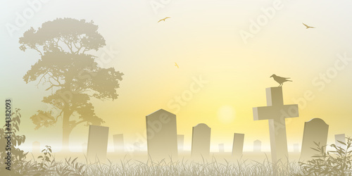 A Misty Graveyard, Cemetery with Tombstones and Tree