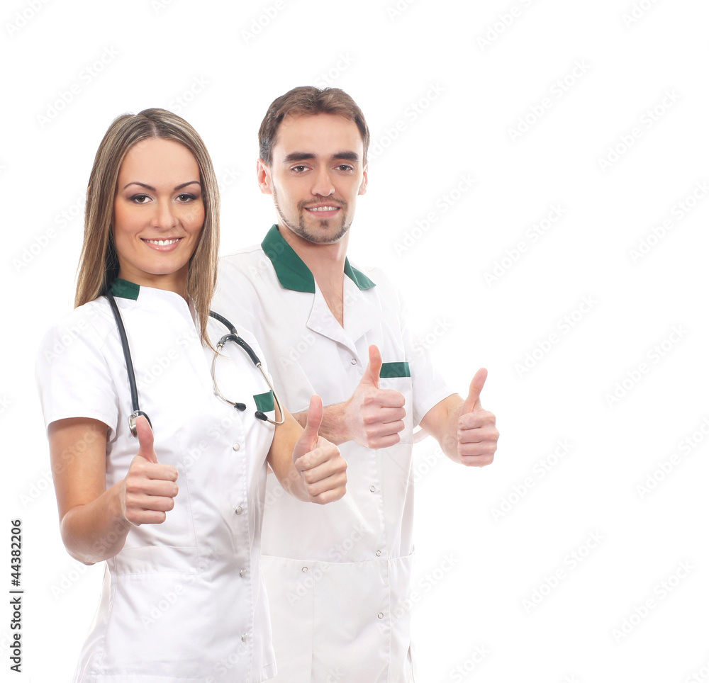 Two young and smart Caucasian medical workers in white clothes Two young and smart Caucasian medical workers in white clothes