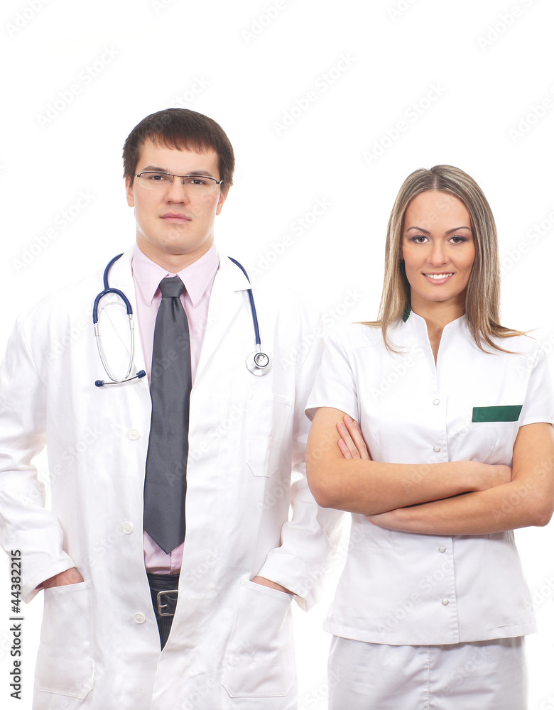 Two young and smart Caucasian medical workers in white clothes Two young and smart Caucasian medical workers in white clothes