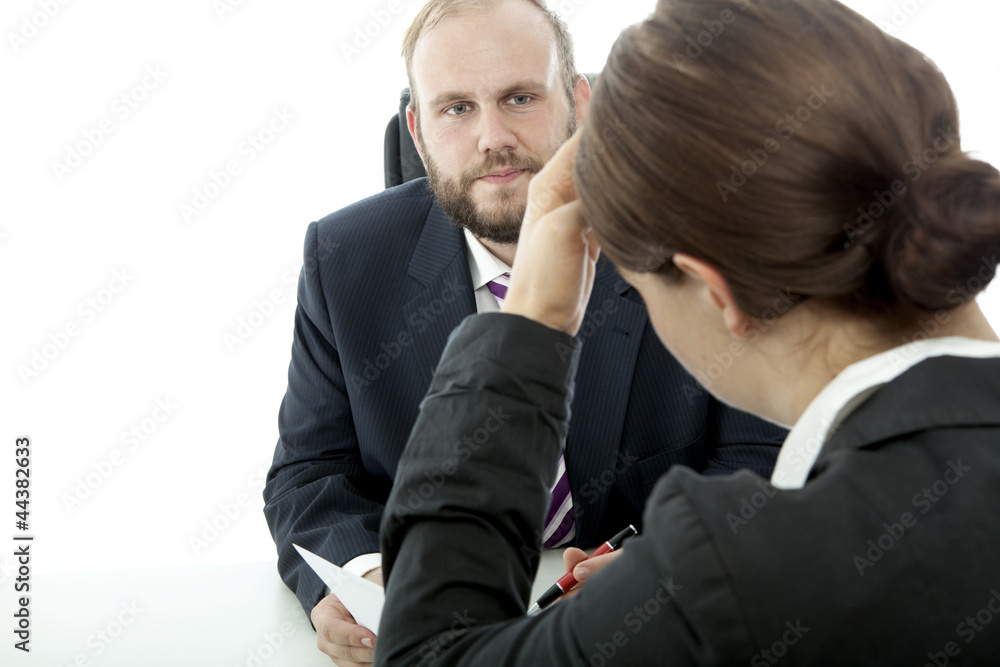beard business man brunette woman at desk unwell contract beard business man brunette woman at desk unwell contract