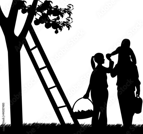 Family picking apples from an apple tree silhouette