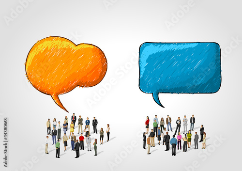two groups of business people talking by speech balloons