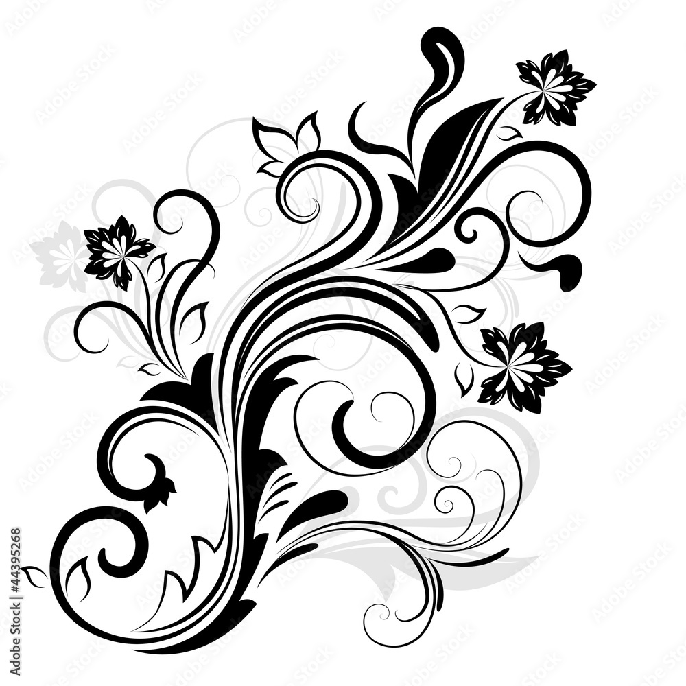 Black and white floral design element isolated on white. Black and white floral design element isolated on white.