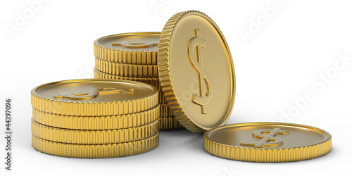 Pile or stack of golden dollar coins photo