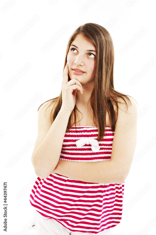 Portrait of attractive teenage girl think looking up Portrait of attractive teenage girl think looking up