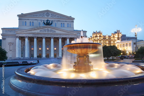 Bolshoi Theatre (Great Theater) and fountain at evening