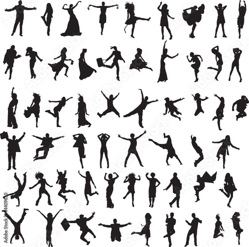 set of silhouettes of happy people