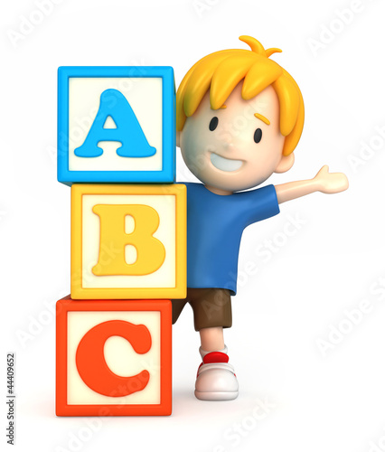 3d render of a boy and building blocks with ABC photo